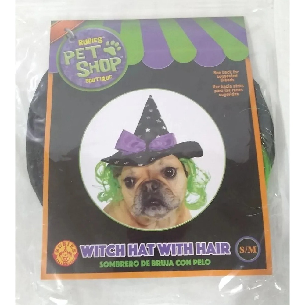 Dog Cat Witch Hat Costume with Hair S/M Black Purple Green Silver Stars NEW READ